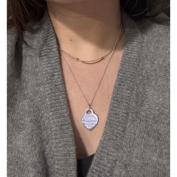 Tiffany Co Silver Return Blue Enamel Medium Heart Tag Pendant Charm Necklace - Picture 2 of 11